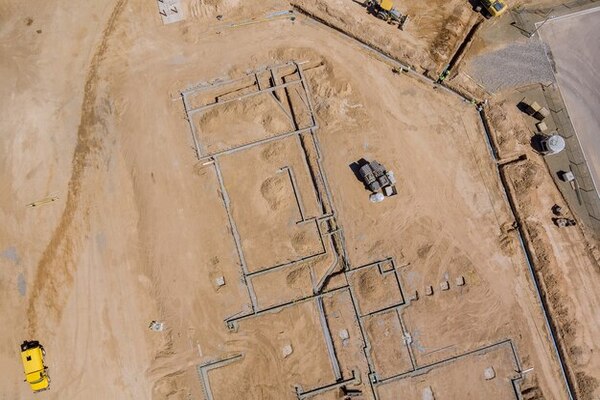 An aerial view of the concrete layout of the construction project