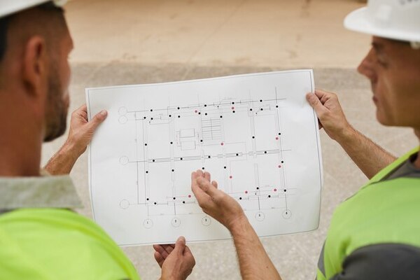 Contractors reviewing the construction site layout to ensure the proper execution of specific construction activities