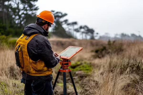 Conducting an initial survey as part of the construction site staking process