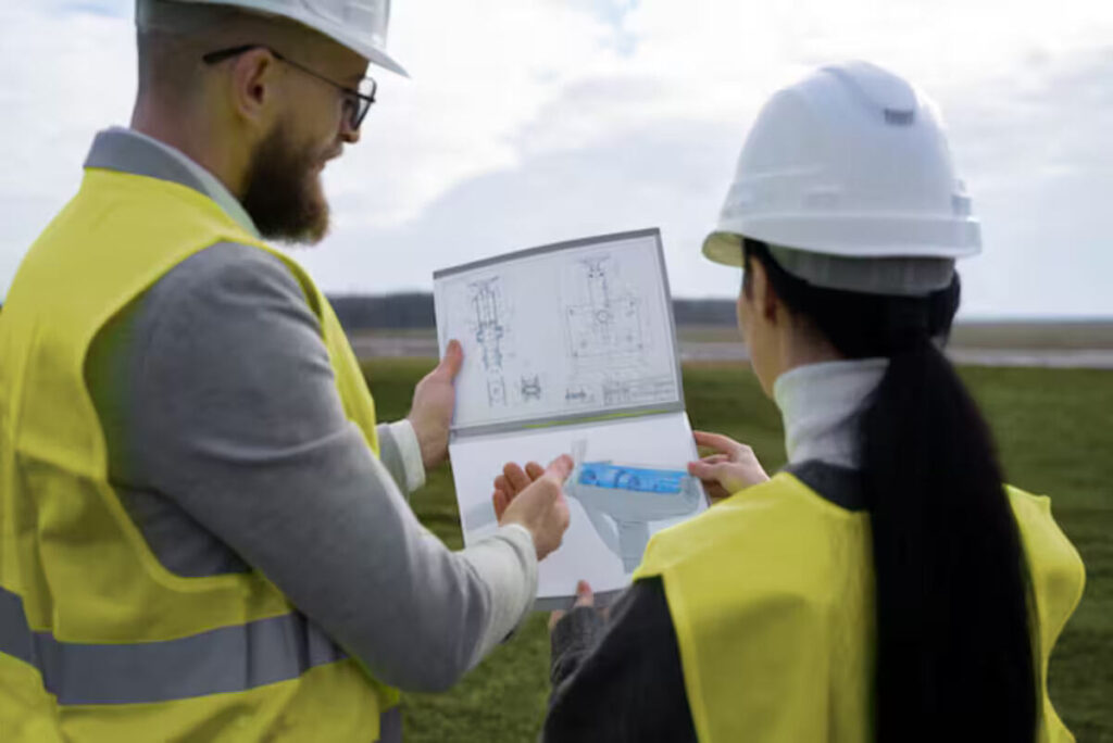 Engineer and contractor discussing the construction site staking at the project site