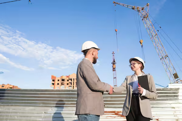 Engineer and contractors shaking hands after successfully implementing the construction site staking