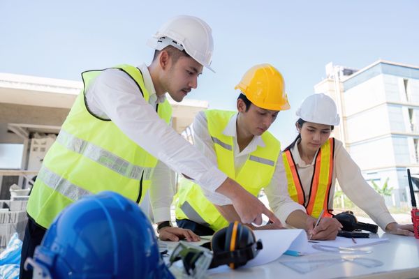 A construction team reviewing the building layout onsite