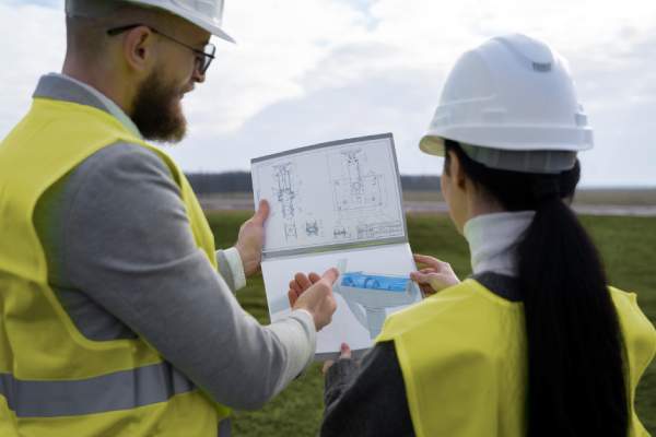 engineers discussing plan on land surveying